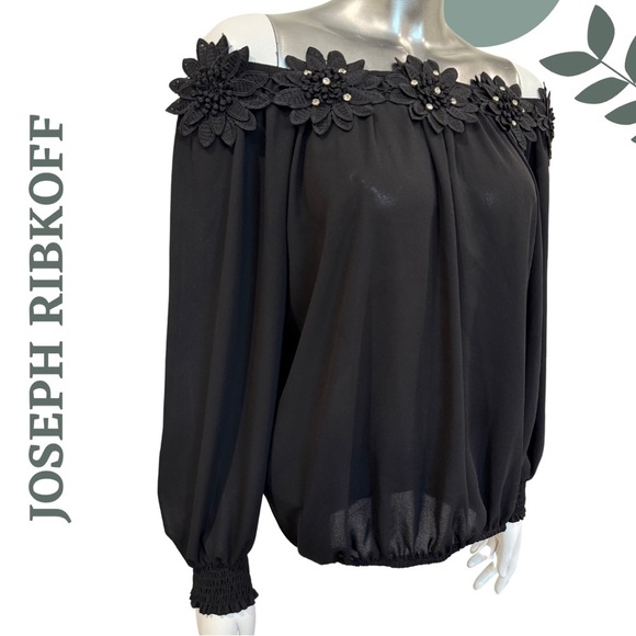 Off-Shoulder Joseph Ribkoff Top with 3D Floral Detail | Long Sleeve | Size 4 - Picture 3 of 7